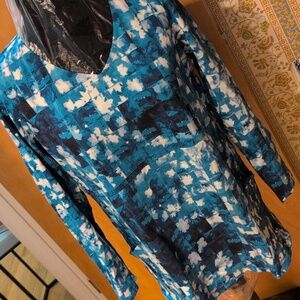 Pure Jill LS teal print v-neck tunic with front pockets Med nwot